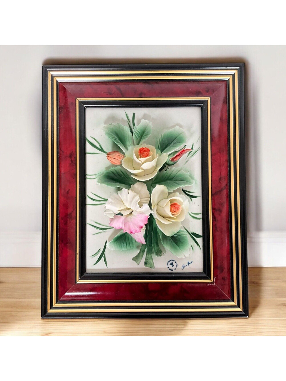 Vtg Italy Nuova Capodimonte 3D Porcelain Flowers Bouquet Framed Wall Art Signed